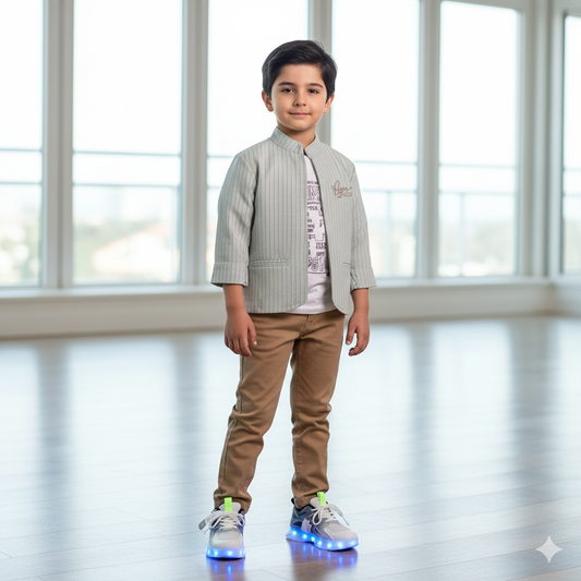 Ensemble Garçon Chic & Décontracté – Veste Rayée Vert Sauge et Pantalon Beige