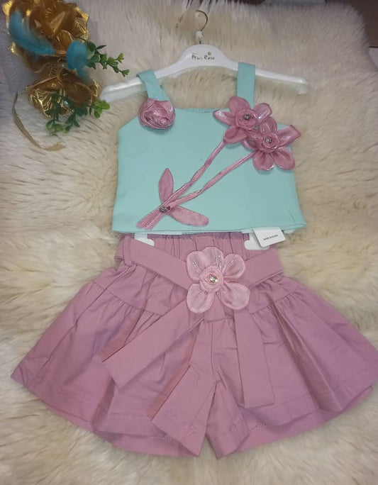 Ensemble Fille Douceur Florale – Haut Vert Menthe & Jupe-Short Rose